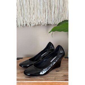 Vera Wang Lavender Ella Black Patent Leather Ballet Toe Wedge Heel Pumps Size 8